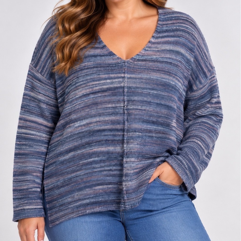 A.N.A XL Blue Purple Space Dye V Neck Sweater Oversized Slouchy Tunic Knit